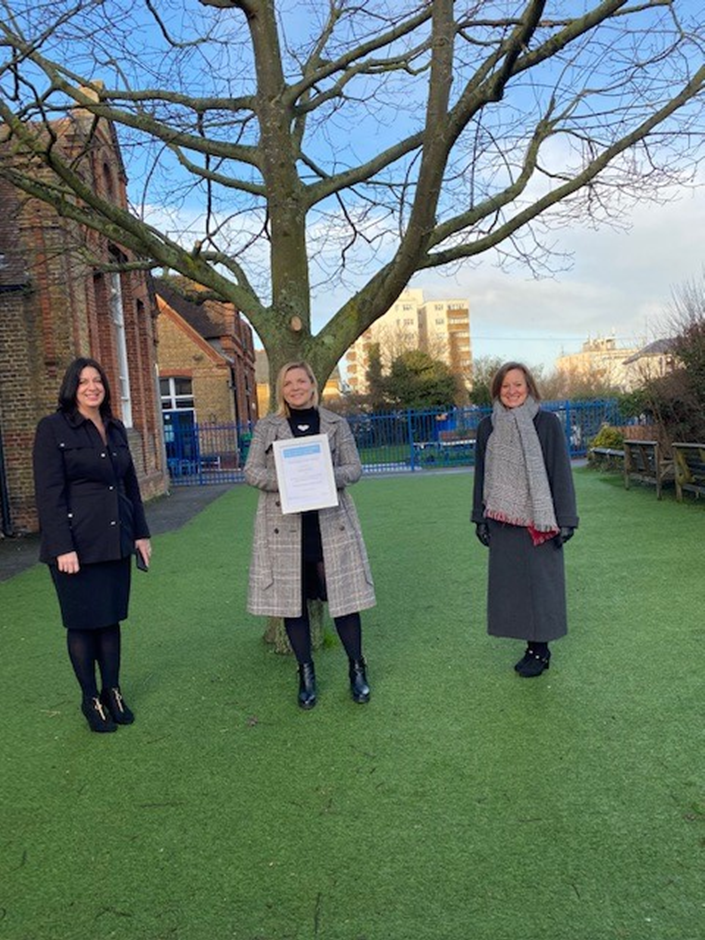 A photograph of Herne Bay Junior School’s Inclusion and Mental Health and Wellbeing Team. From left to right they are Mrs Evett-Collins, Mrs Hollie Edwards and Miss Sammy Black.